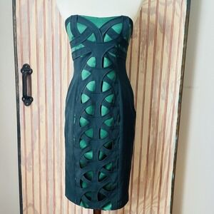 Karen Millen Emerald Green & Black Bodycon Chic Silk Strapless Dress Size US 6